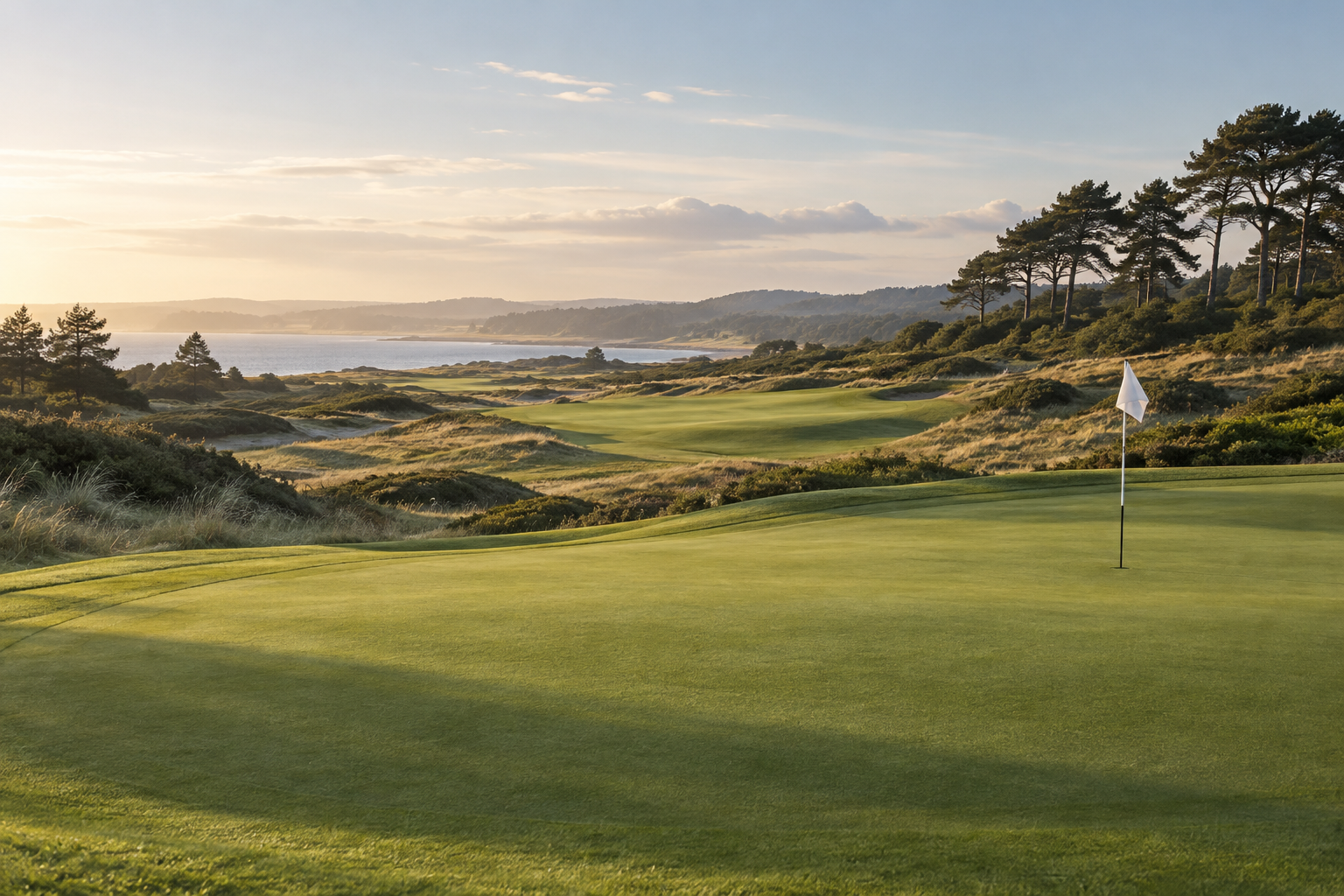 Morning light over a golf green and distant fairway